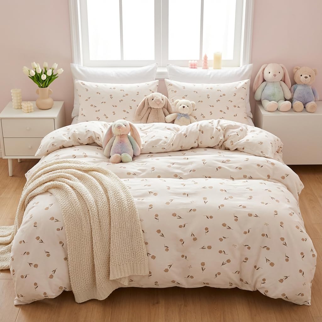 Covebett Bettwäsche Blümchen Blumenmuster Botanisch Bettwäsche Set Aesthetic Blumenwiese Pflanzenmuster Bettbezug mit Reißverschluss und Kissenbezug