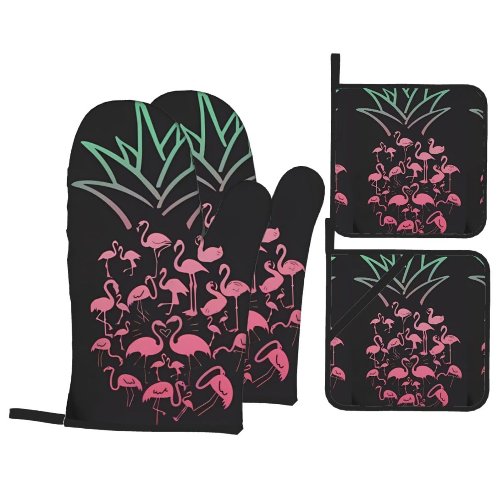 WHJSHOP pineapple flamingos Prints Kitchen Baking Throw Set with Heat Resistance, Waterproof Oven Mitts & Pot Holders for Cooking, Grilling & Handling Hot Dishes