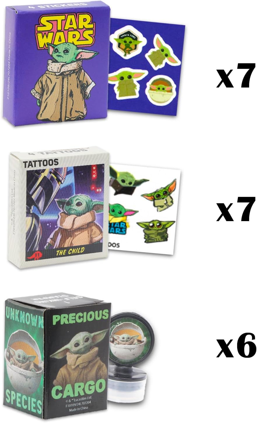 STAR WARS Baby Yoda Valentine's Day Classroom Gift Exchange Set - Bundle with 20 Mandalorian Party Favor Boxes, Stickers, Tattoos, Stampers for Kids