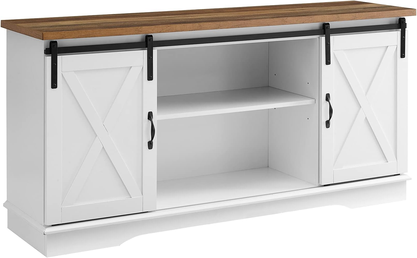 Richmond Modern Farmhouse Sliding Barn Door TV Stand for TVs up to 65 Inches, 58 Inch, White and Rustic Oak