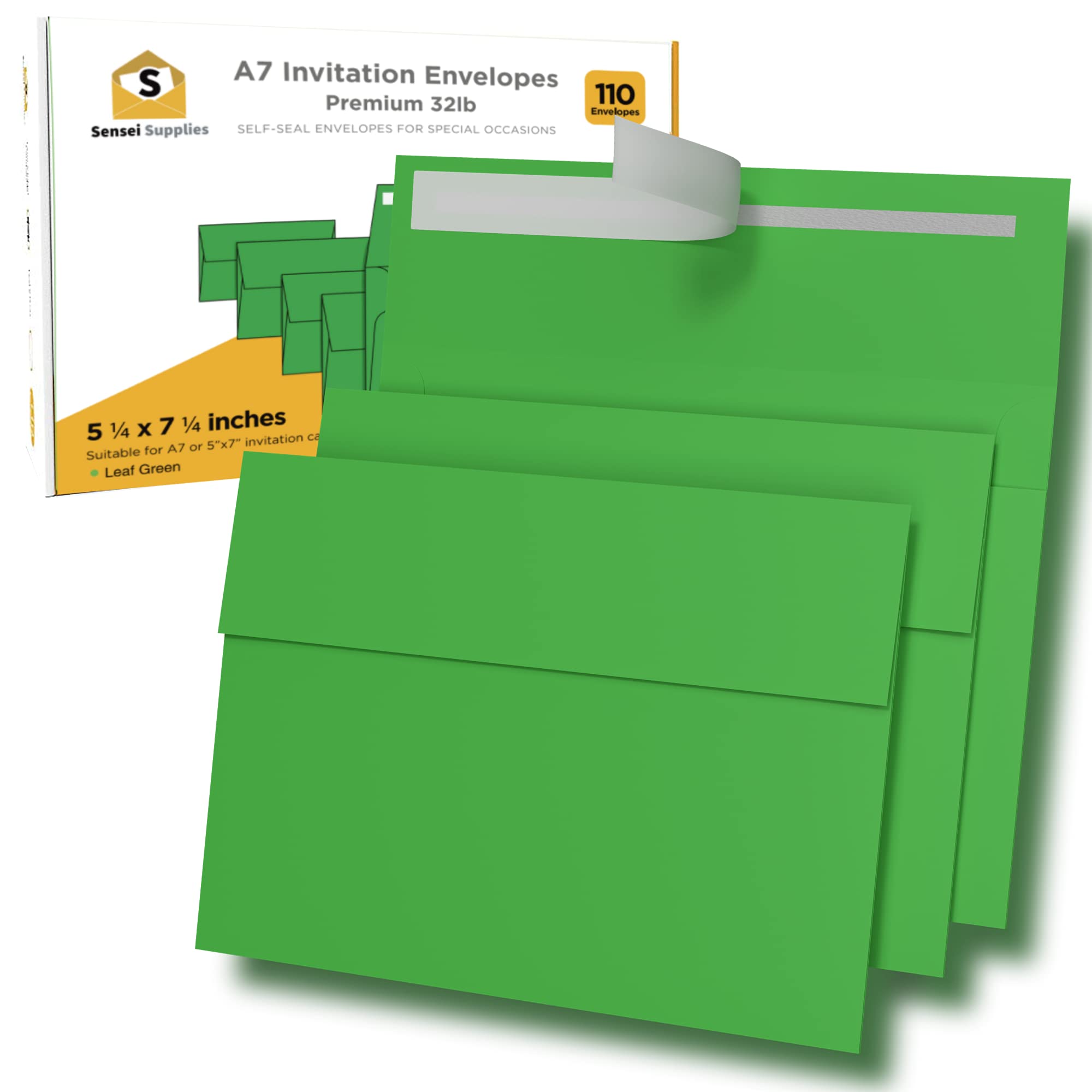 110 5x7 Leaf Green Invitation Envelopes - for 5x7 Cards - A7 - (5 ¼ x 7 ¼ inches) - Perfect for Weddings, Graduation, Baby Shower - 120 GSM - Peel,