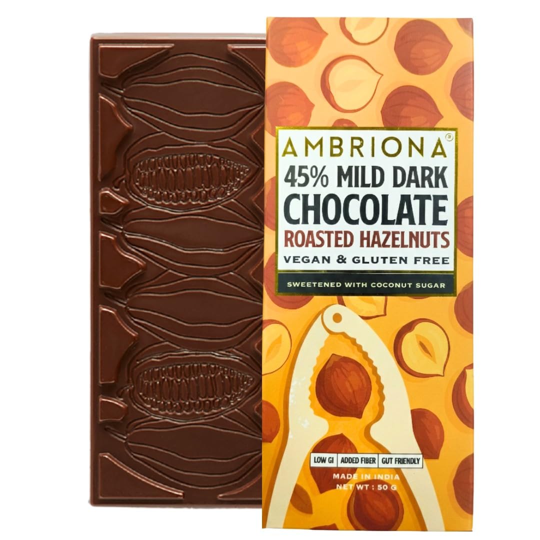 Ambriona 45% Mild Dark Chocolate with Roasted Hazelnuts | Vegan & Gluten Free Chocolate | Sweetened with Coconut Sugar | Low GI | Gut Friendly | 50 g