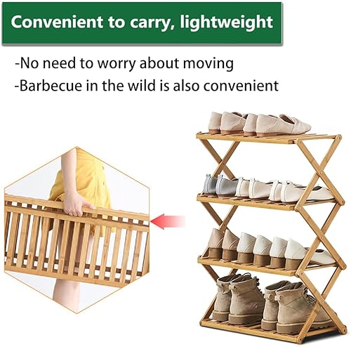 Miniatura 6 de Zapatero de bambú de 4 niveles, estante de almacenamiento de zapatos plegable portátil, sin instalación, pequeño zapatero perfecto para pasillos,