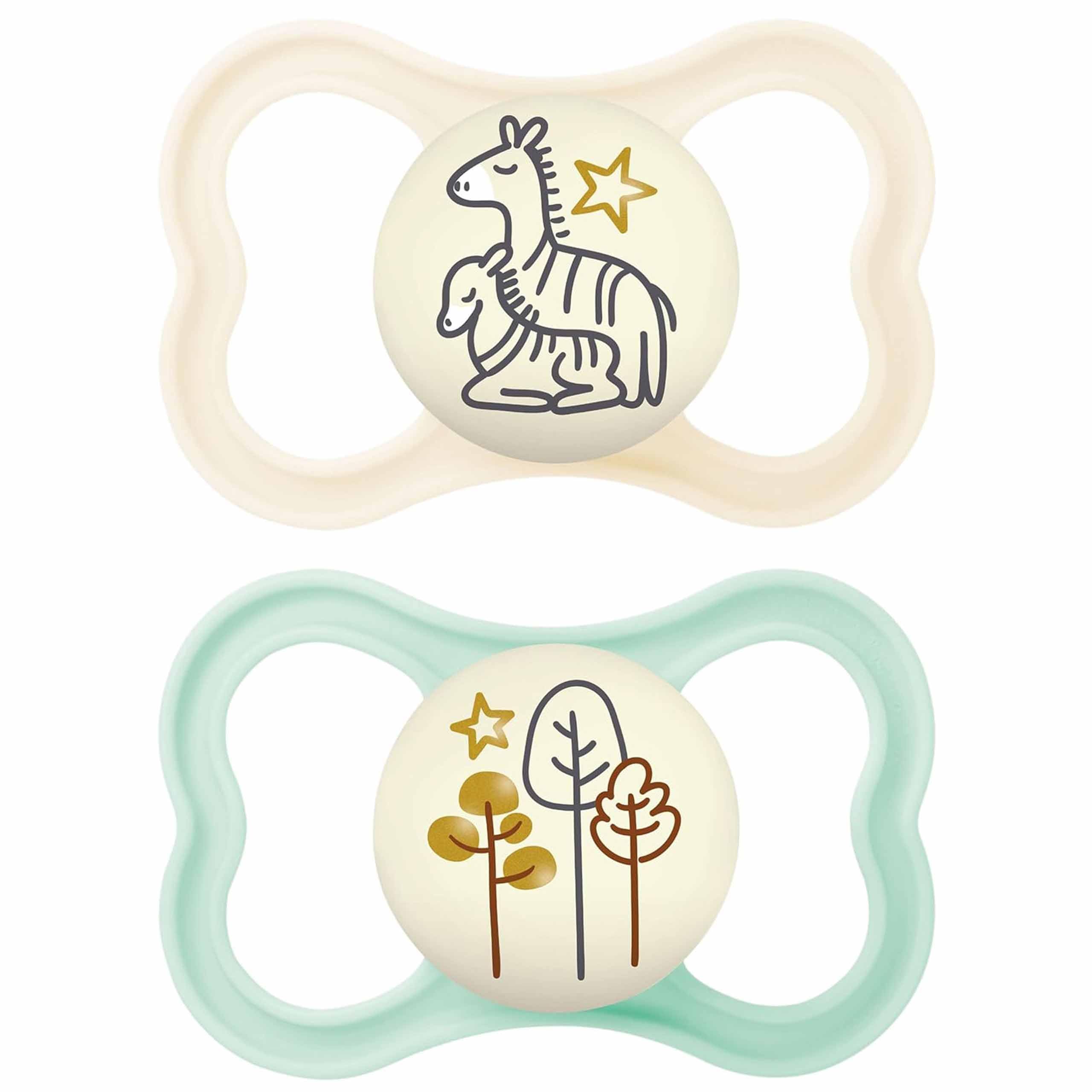 MAM Latex Air Night Soothers | 6-18 Months | Glow in The Dark Dummies | Comes in Dummy Steriliser Case | Baby Accessories | Blue/Grey (Various Designs)