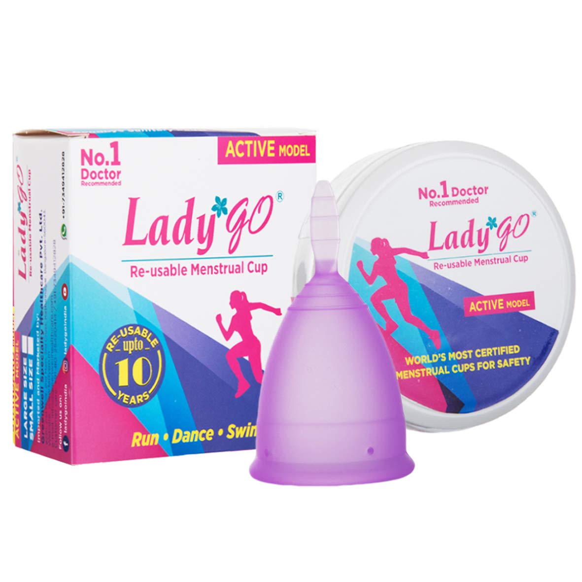 LADY GOLadygo Reusable Menstrual Cup For Women With Carry Case And Pouch|Ultra Soft, Odour And Rash Free|100% Liquid Medical Grade Silicone|Active Model|Large Size,1 Count