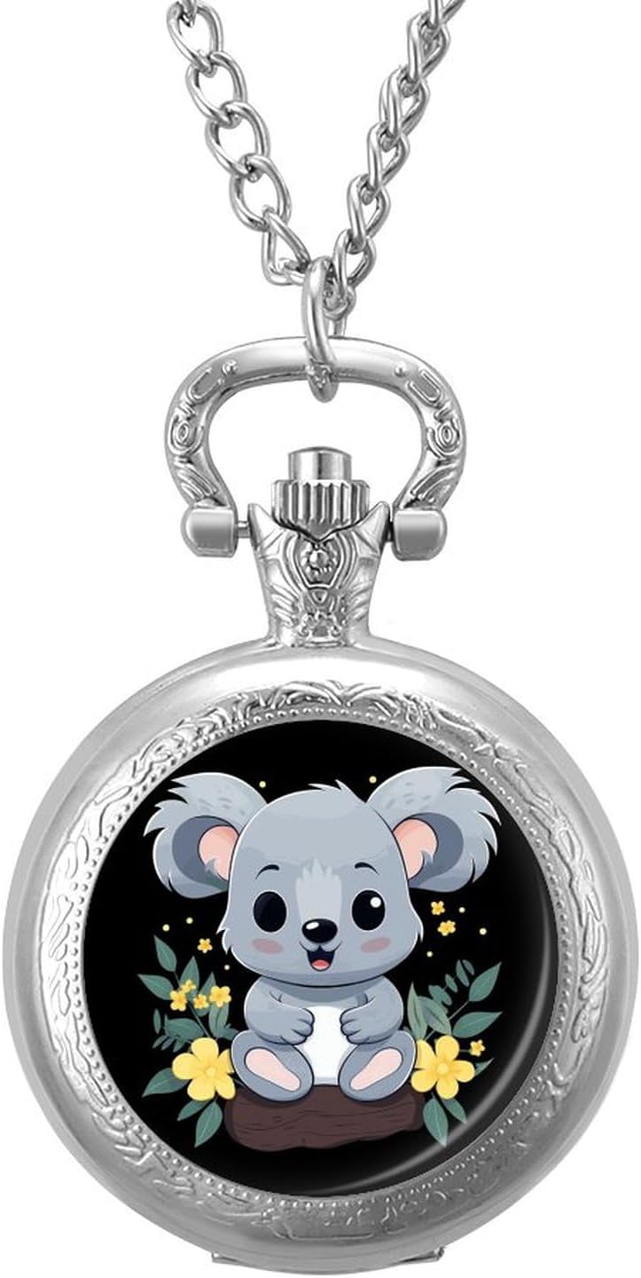 Cute Koala Cartoon Vintage Pocket Watch Alloy Watch Pendant Necklace Men Women Gift