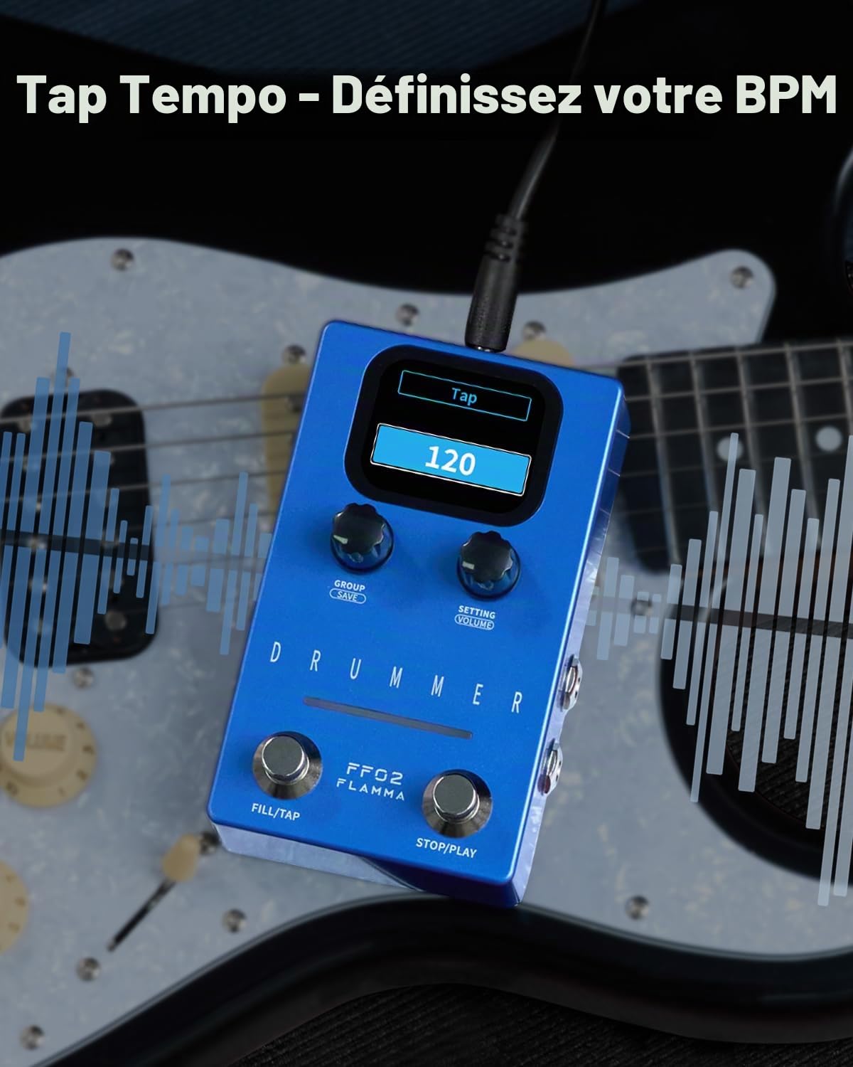 FLAMMA FF02 Pédale de guitare pour machine à tambour – 121 rainures de batterie, 11 genres de musique, Tap Tempo, rythmes personnalisables, E/S stéréo pour une utilisation en direct et en studio