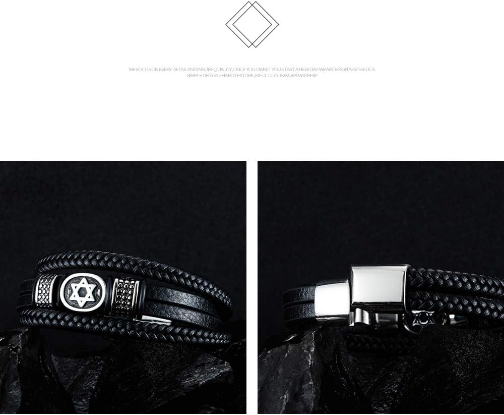 TEMICO Mens Black Leather Cuff Bracelet Multi-Layer Braided Leather Magen Star of David Bracelet Jewish Jewelry - Image 5