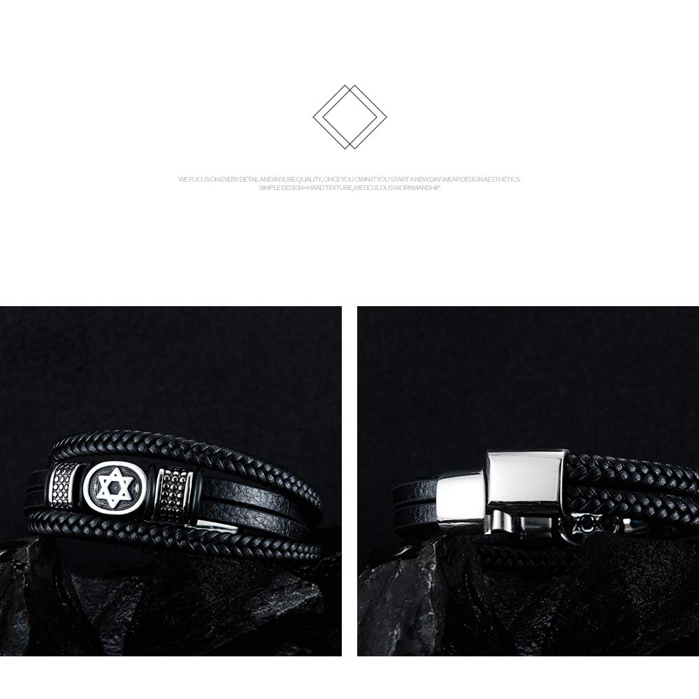 Pulsera de cuero negro para hombre, pulsera de cuero trenzado multicapa Magen Star of David, joyería judía, Cuero 5