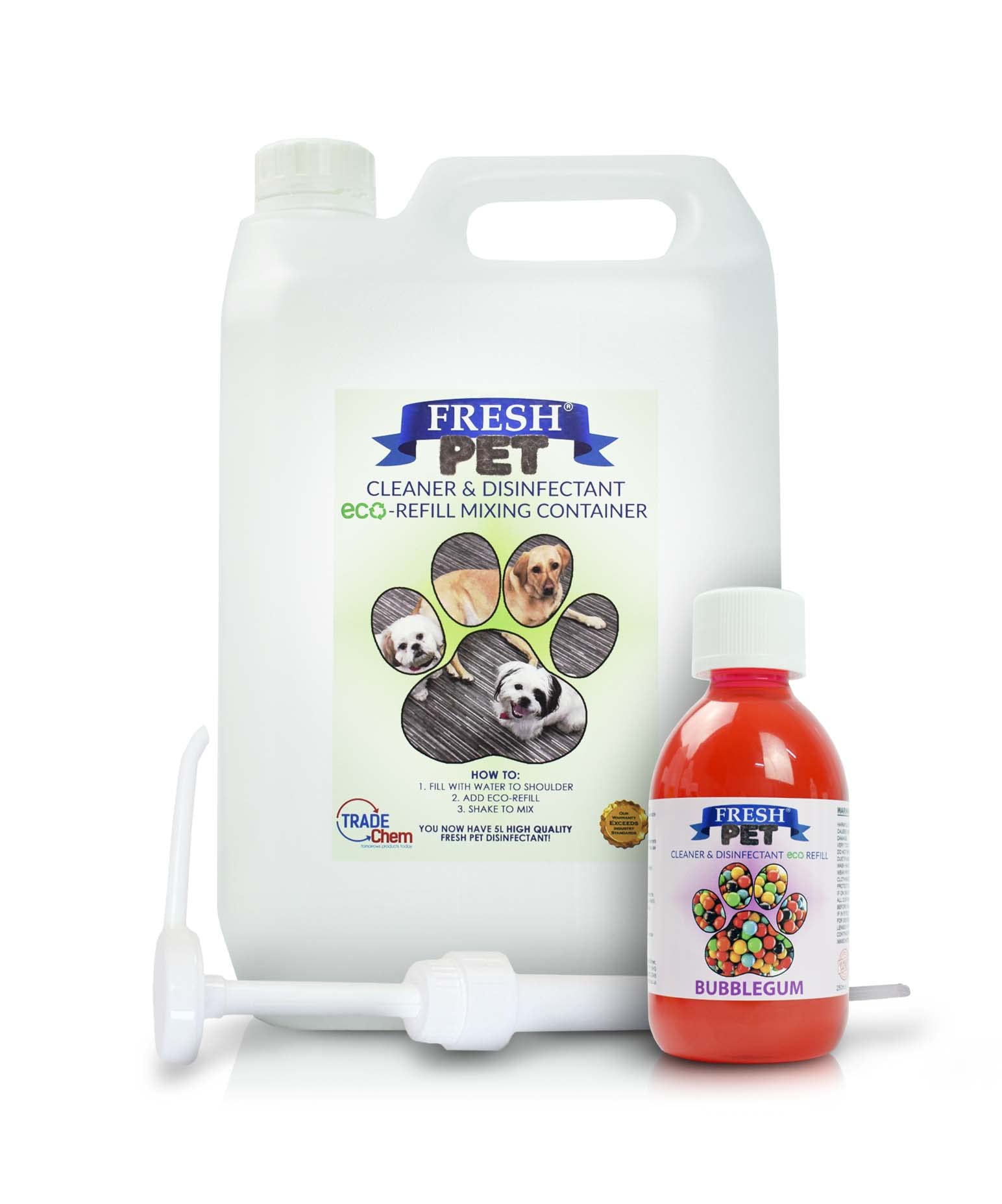 Trade Chemicals Fresh Pet eco-Refill Kennel Disinfectant 250ml w/Empty 5L + Pump (BUBBLEGUM)