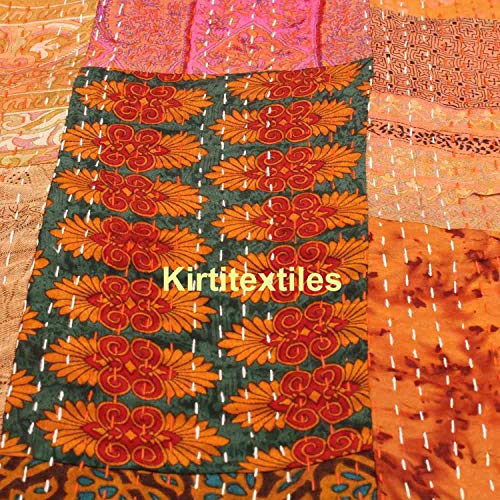 Image of Silk Hand Made Design Kantha Quilt Blanket, Bed Cover, Bedspread (Size 90 inch X 108 inch) - Multicolour