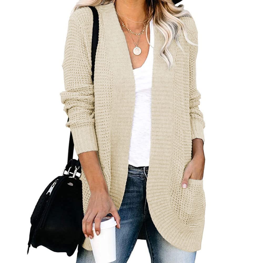 HGJH Damen Strickjacke Langarm,Damen Strickpullover Offen Mittellang Cardigan Waffelstrick Kimono Grob Einfarbig Creme Cardigan Soft Elegante Herbst Leichte Jacke Für Casual Business