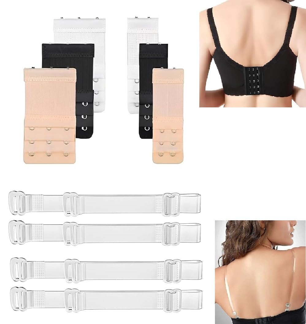 6pcs Elastic Bra 2 Hook/3 Hook Bra Strap Extensions + 2 pair Clear Bra Strap Non-Slip Adjustable Bra Strap Transparent Shoulder Strap for women-image-2