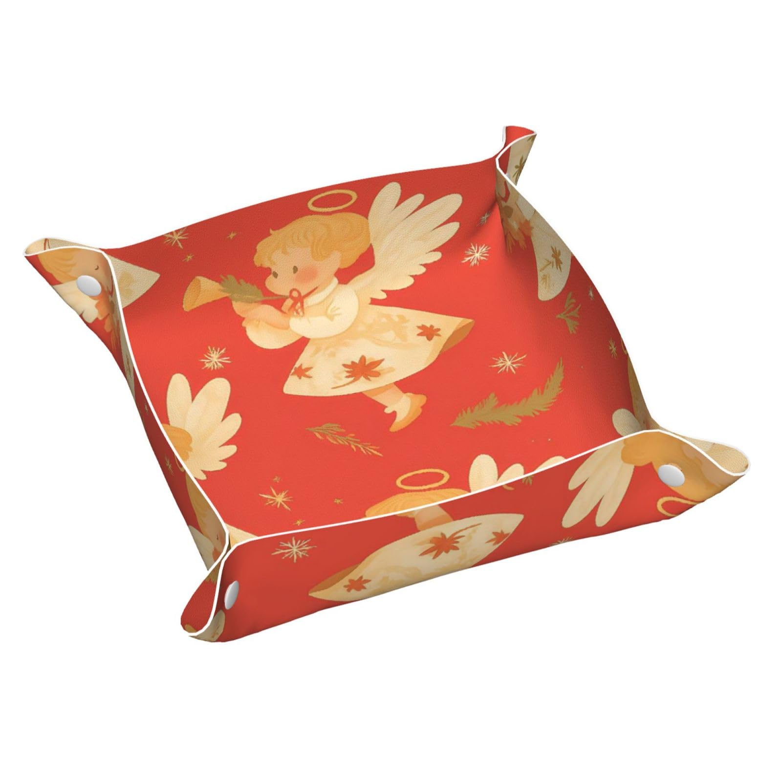 HLBSDM Retro Red Golden Xmas Angels Tray Men's Leather Valet Parking Portable Entrance Trays Bedside Storage Box