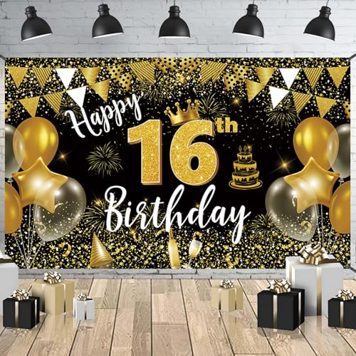 Happy 16th Birthday Banner Extra Large Fabric Backdrop for Home Outdoor Decorations 72 x 44 Inch Black Gold Fireworks Balloon Photo Booth Background Banner for Party Supplies