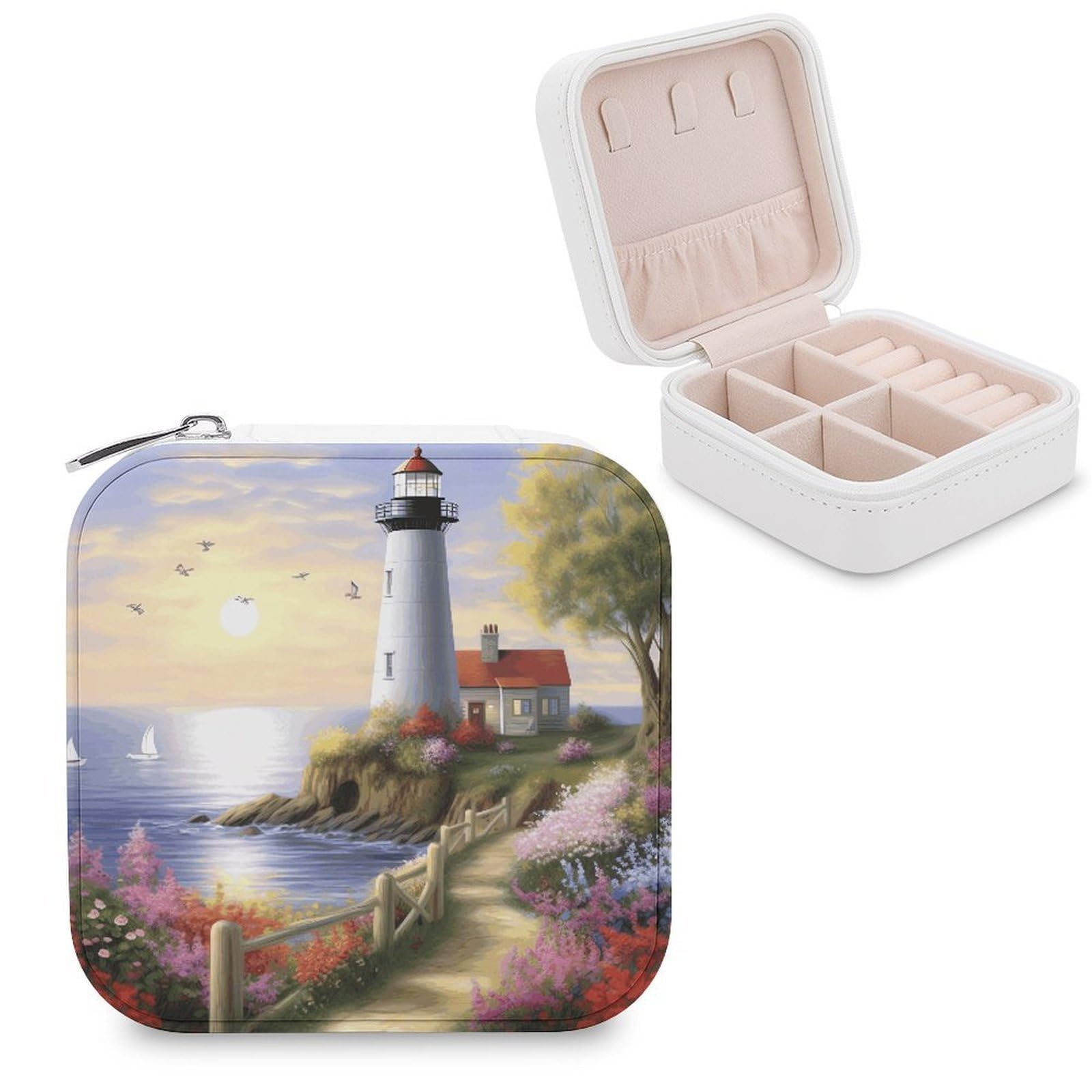 VstaDank Lighthouse Diamond Painting Jewelry Box Exquisite Leather Jewelry Organizer Portable Trinket Organizer Fashion Travel Jewelry Case for Rings Earrings Necklaces Unique Gifts for Women