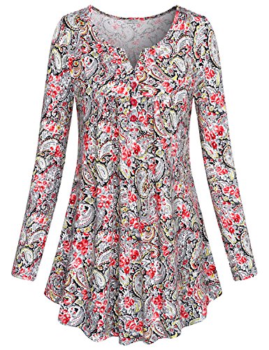 Loose Tunic Tops, SeSe Code Crewneck Long Sleeve Button-up Floral Knit Shirts Flared A-Line Paisley Tops for Women Casual Plaid Blouses Red XXL Holiday Wear for Women