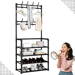 Sapateira Organizador com Cabideiro de Chão e 4 Prateleiras | Arara Multiuso Vertical para Roupas, Bolsas e Sapatos (Preto)