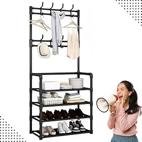 Sapateira Organizador com Cabideiro de Chão e 4 Prateleiras | Arara Multiuso Vertical para Roupas, Bolsas e Sapatos (Preto)