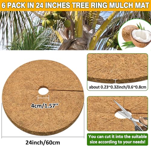 ZeeDix 6 Pack Coconut Fiber Mulch Ring, 24 Inch Coco Coir Tree Ring Mulch Mat, 100% Natural Tree Protector Mat Plant Cover Ring Coconut Coir Discs Tree Mats Mulch Rings for Indoor Outdoor Trees Plants - Thumbnail 2