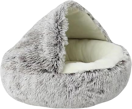 Calming Cat Cave Bed with Hooded Cover, Short-Haired Plush Washable Bed with Non-Slip Bottom, Comfortable and Cozy Round Bed for Small and Medium Cats, Anti-Anxiety Pet Bed40cm/15.7inches, Coffee
