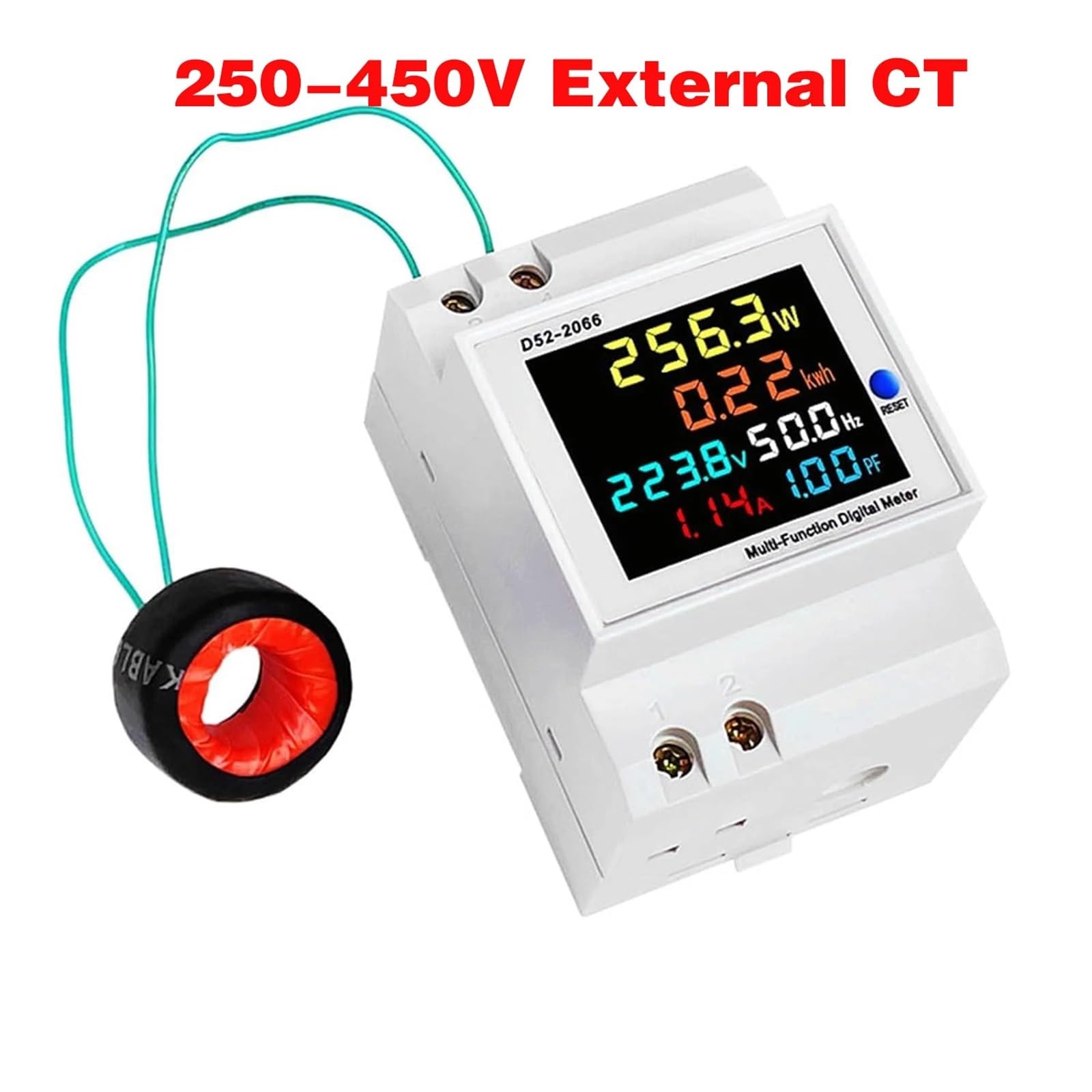 Compteur d'énergie monophasé sur rail DIN, moniteur de consommation d'électricité, voltmètre, ampèremètre, wattmètre, fréquence, AC 40-300 V, 100 A(250-450V External CT)