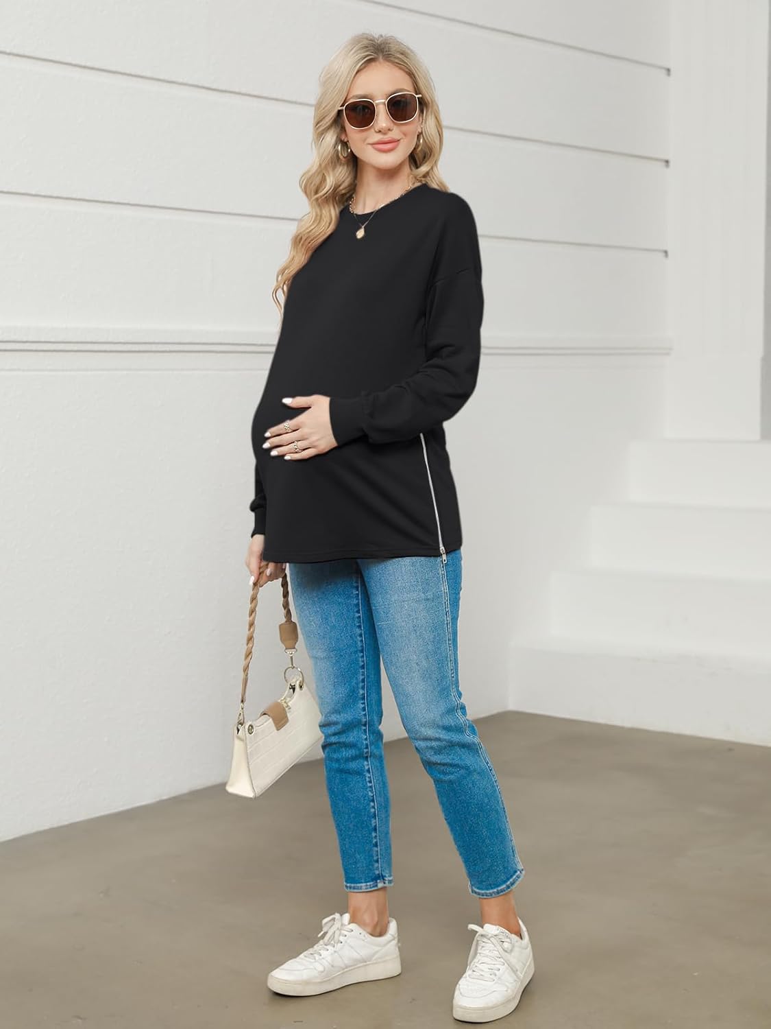 Women's Maternity Shirts Long Sleeve Sweatshirt Zipper Split Side Pregnancy Casual Tunic Top - Image 5