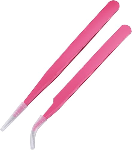 Miniatura 2 de Hotop 2 Piezas Pinzas de punta recta y curva para extensiones de pestañas, Herramientas de aplicación de pestañas postizas de acero inoxidable rosa.