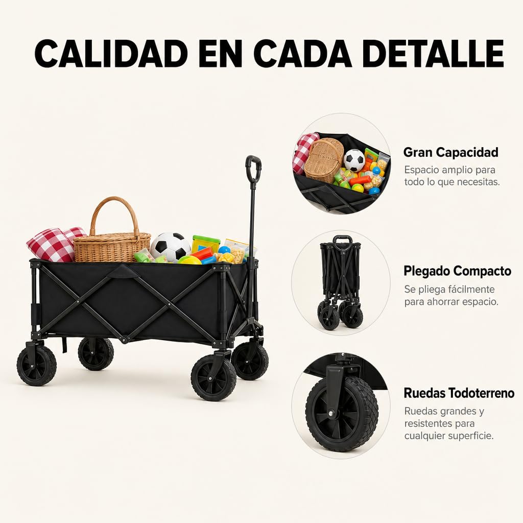 Carrito de Transporte Plegable con Ruedas Todo Terreno – Mango Telescópico Ergonómico, Ruedas Giratorias 360°, Bolsillos Laterales y Tela Extraíble para Playa, Jardín y Compra (150 KG)
