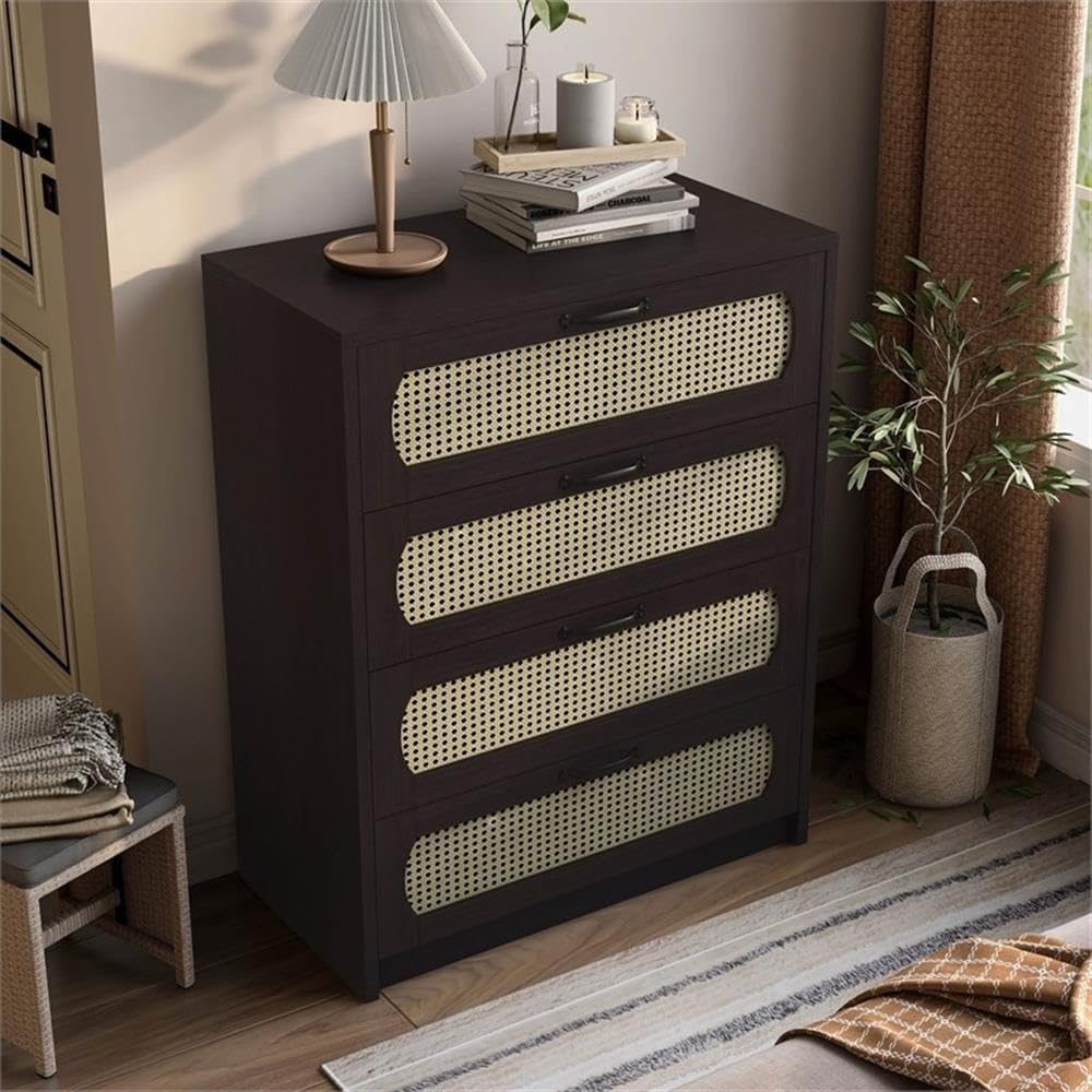 BOWERY HILL Transitional Wood 4-Drawer Chest, Espresso Finish, Faux Rattan Front Panels, 31.5" W x 16.75" D x 39.37" H, Ample Storage, Metal Hardware Handles, Boho-Style Bedroom Organizer