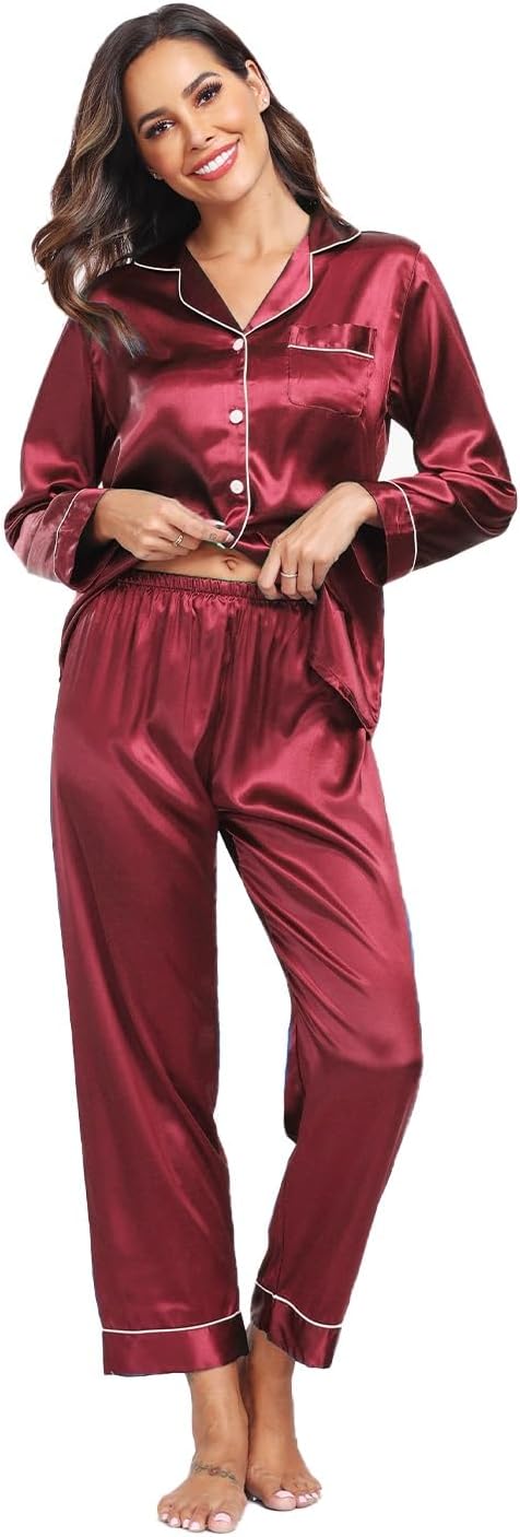 Super Shopping-zone Women's Satin Pajama Set Long Sleeve Pajamas Button Down Pjs Set Silky Sleep Set Sleepwear Loungewear - Image 3