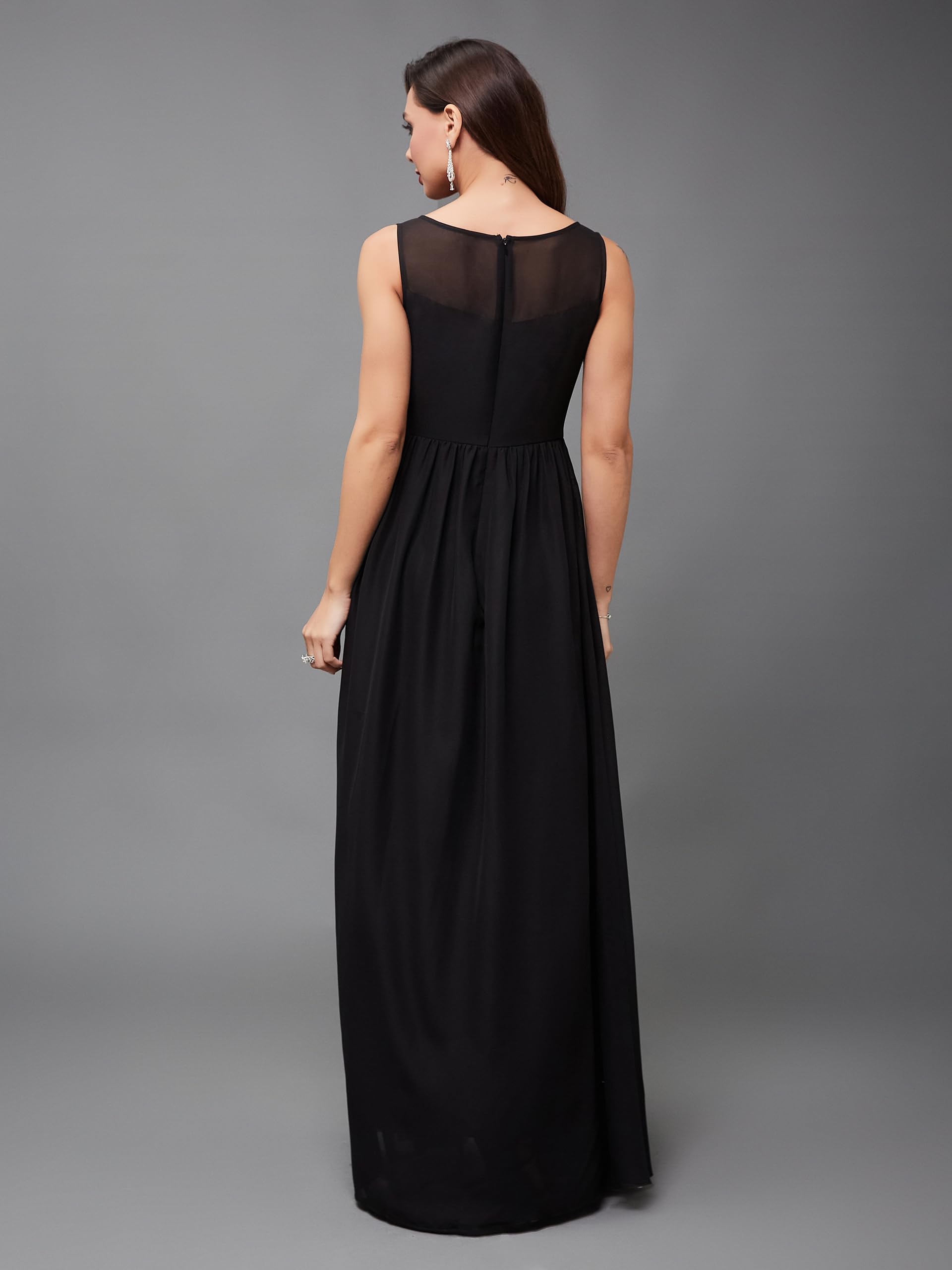 Miss Chase Women's Boat Neck Sleeveless Solid Embellished Maxi Dress (Mcss24D97-07-62-04, Black, M)