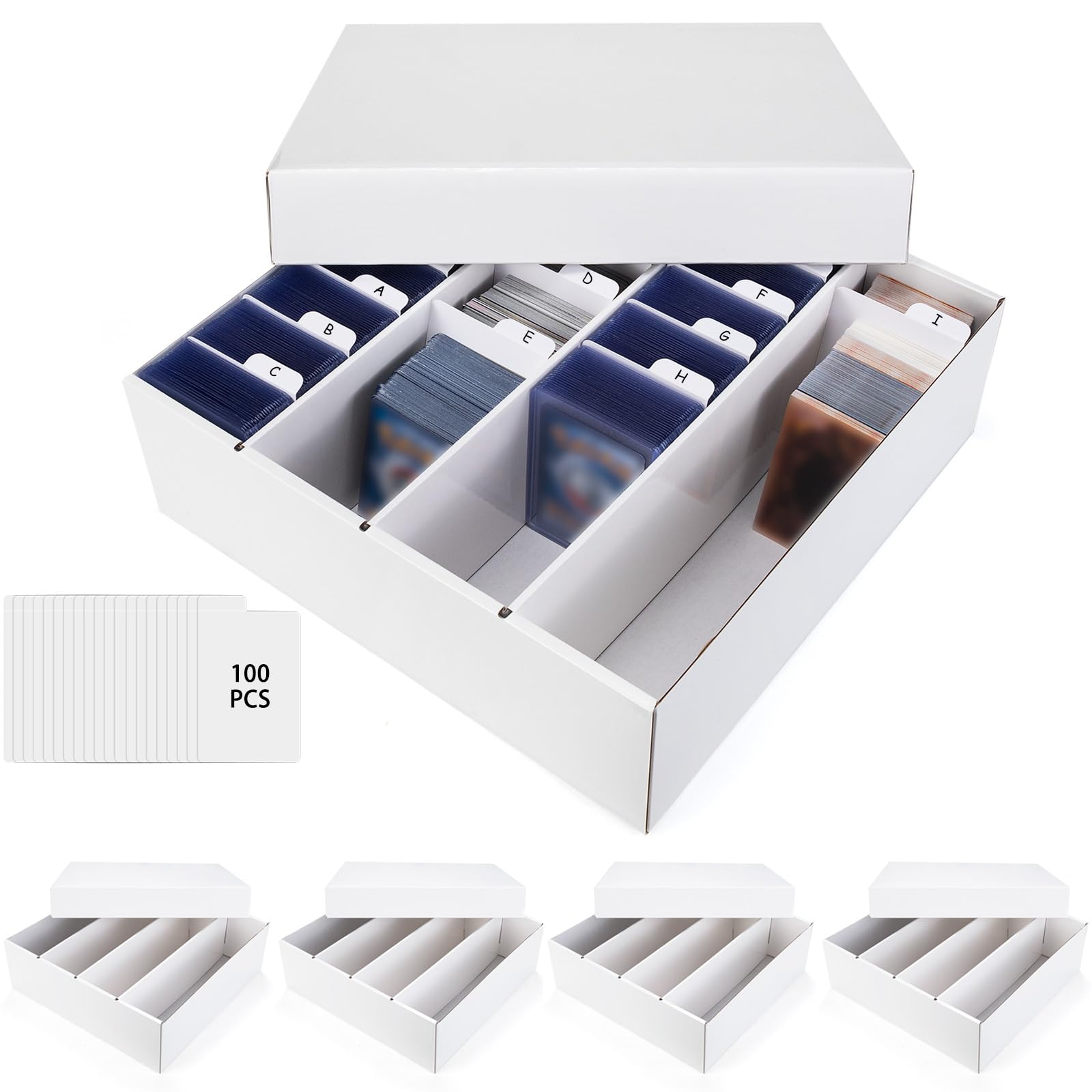 Trading Card Storage Box, 4 Row 3200 Count Collector Cards Box with Divider, White Corrugated Cardboard Compatible with To...