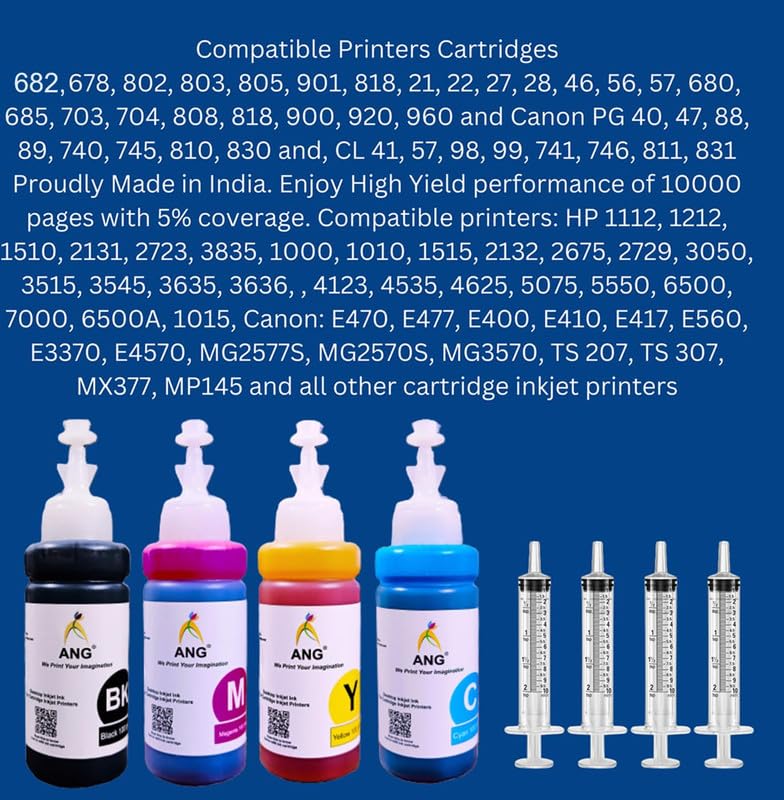 Image of ANG Refill Ink for 805 Cartridge | Compatible Ink Bottle for DeskJet 2332 2331 Printers | Printer Ink Refill Bottle with Syringe | Black Ink for Inkjet Cartridge Refilling (Pack of 4, 100g Each)
