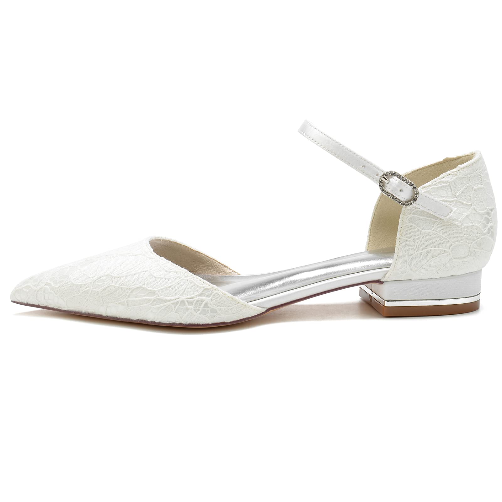 Scarpe da Sposa in Pizzo Bianco per Donna Ballerine a Punta Scarpe Basse con Cinturino alla Caviglia Décolleté per Cerimonia Party