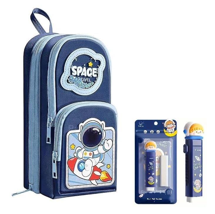 Image of Kawaii Cute Pencil Pouch with Push Pull Eraser Set for Kids,Premium Canvas Zipper Stationery Organizer Box with Cartoon Design | School Supplies Gift Combo for Boys & Girls (Space Blue + Earser)