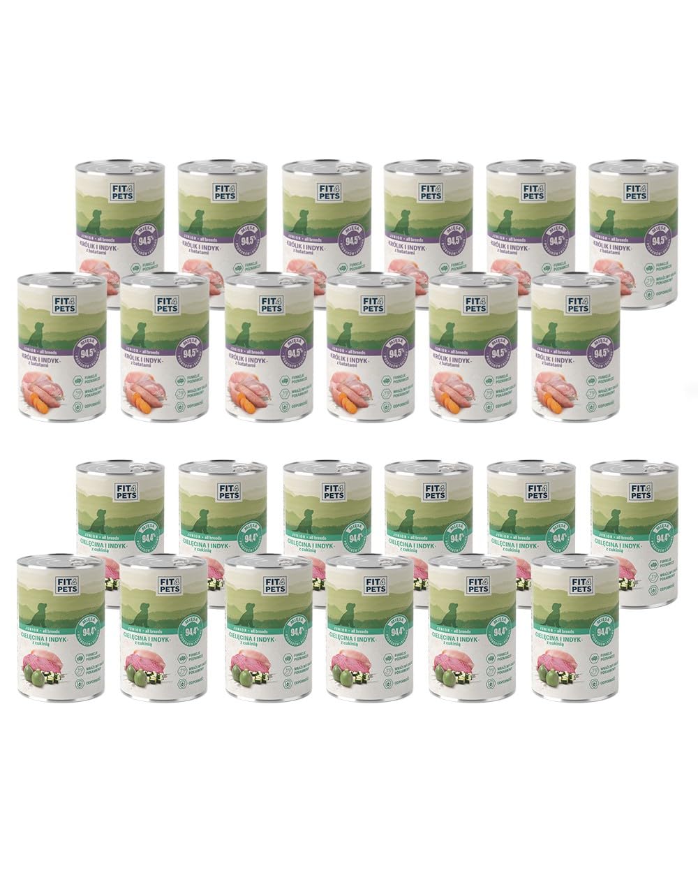 Fit4Pets Welpenfutter, Kalbfleisch und Pute, Kaninchen, Getreidefrei, Vollporig, mit Lachs und Moringaöl, Mix 24 Dosen x 400g