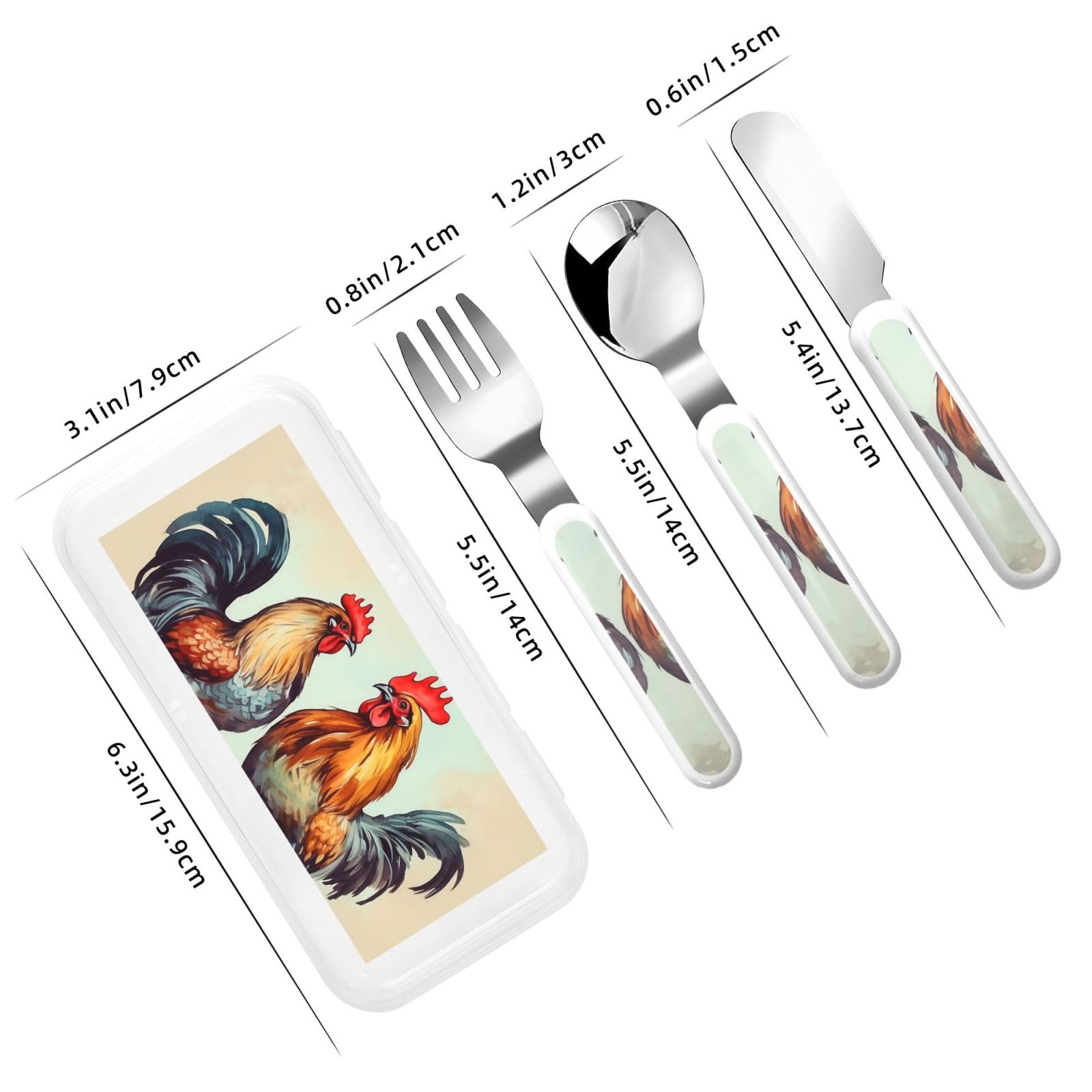 Stainless Steel Kids Silverware Set, Rooster And Hen Utensil Set Reusable Children Safe Knife Spoon Fork Set With Storage Case Dishwasher Safe For Lunch, Travel Outdoors