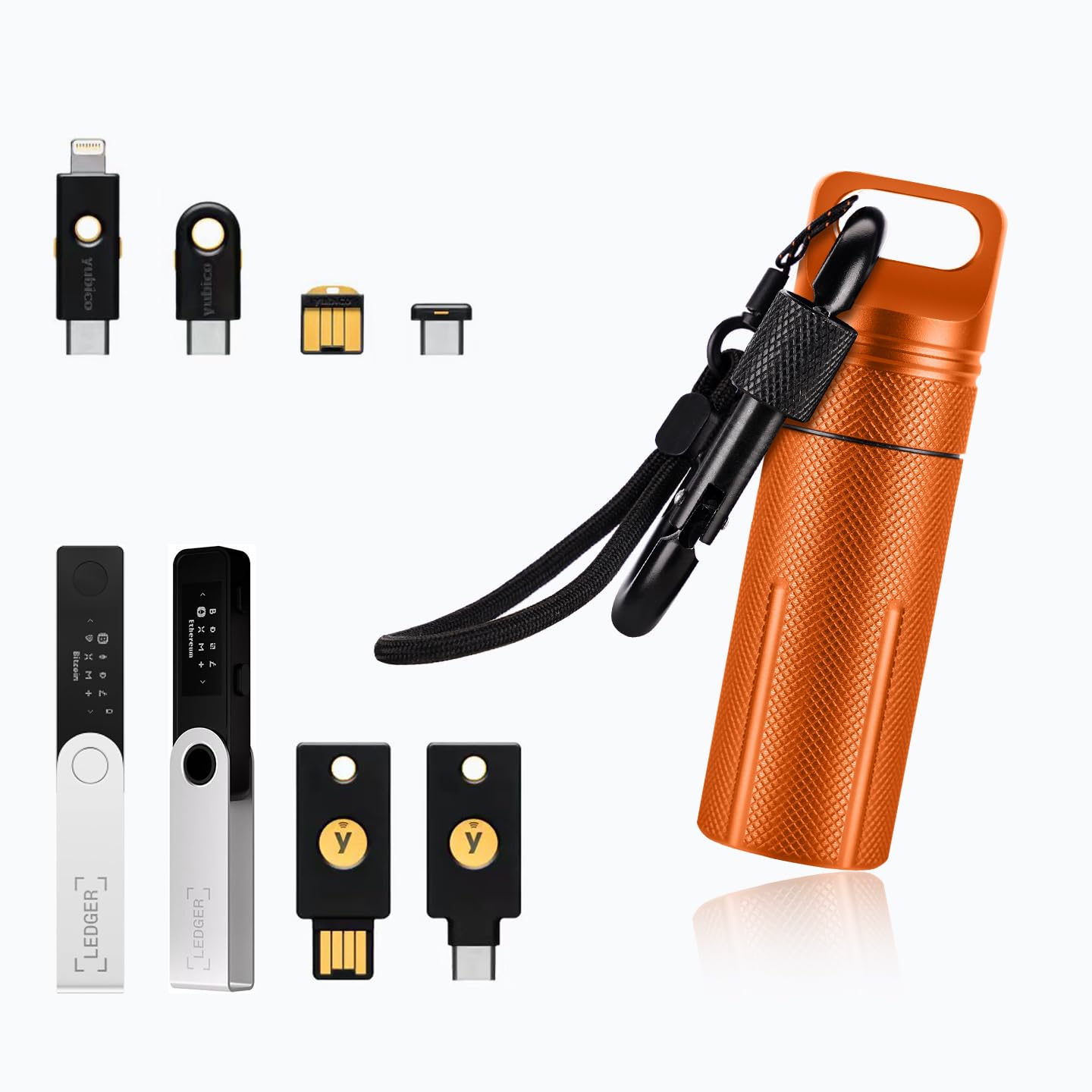 Photo 1 of Jeohu Crypto Wallet Case Compatible with Ledger Nano S X S Plus Yubikey 5 5C NFC 5Ci,Aluminum Alloy Hardware Pod, Waterproof Shockproof USB Thumb Drive Device Cold Wallet Storage (Orange)
