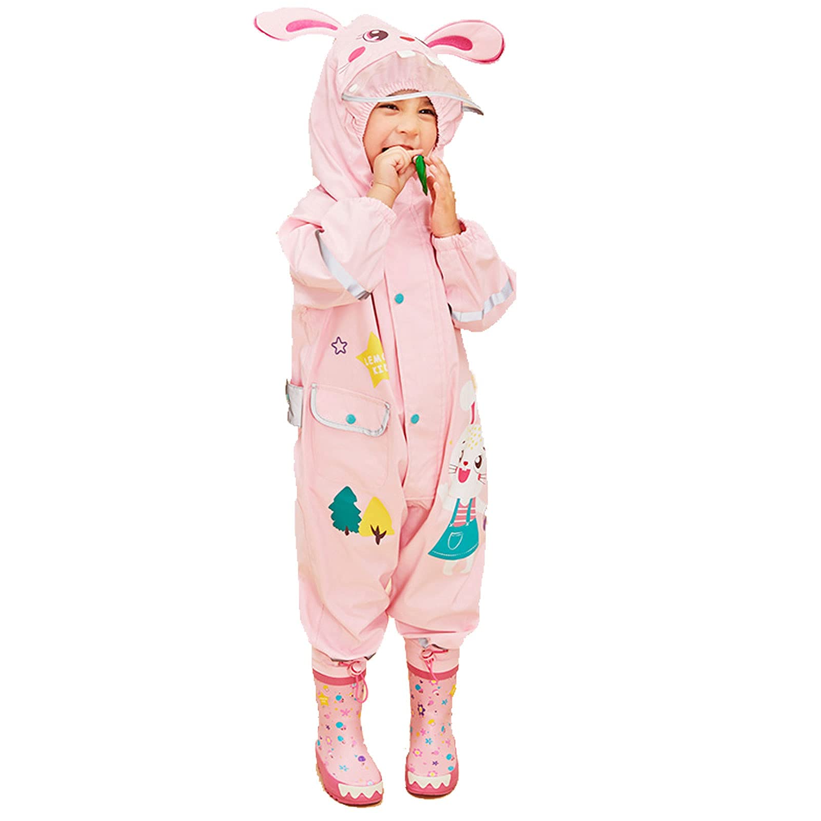 JinBei Imperméable Garçon Fille à Capuche Combinaison de Pluie Enfant Manteau Veste Pantalon Dessin 3D Animé Mignon Cape Unisexe Léger Rayure Réfléchissante Randonnée Outdoor Imperméables 1-8 Ans