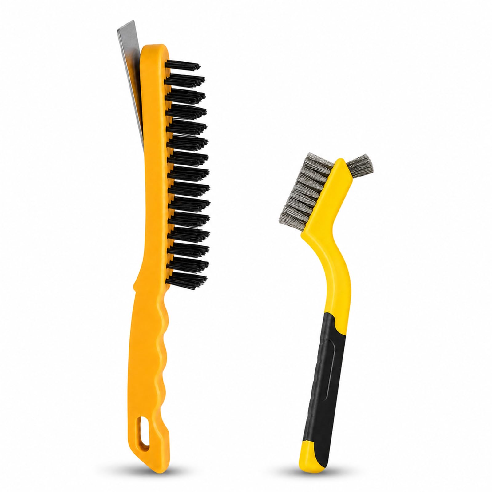 2PCS Wire Brush Set, Stainless Steel Mini Brush & 4 Row Plastic Wire Brush with Scraper, Rust Removal Cleaning Brush for Paint Metal Surface Cleaning