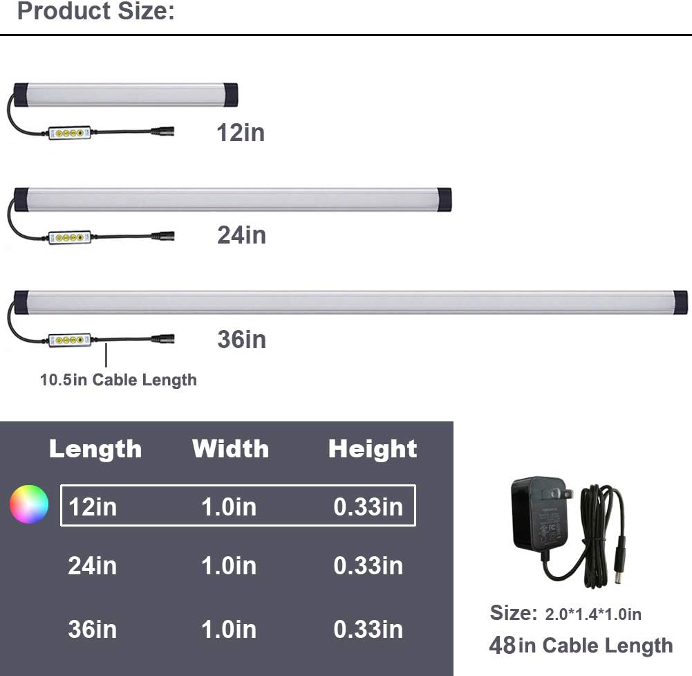 Dimmable Under Cabinet Lighting, RGB LED Light Bar, Inline Control Lamp, Multicolor Under Counter Lights for Desk, Room, Cupboard, Hallway, Shelf, Closet (12 Inch)