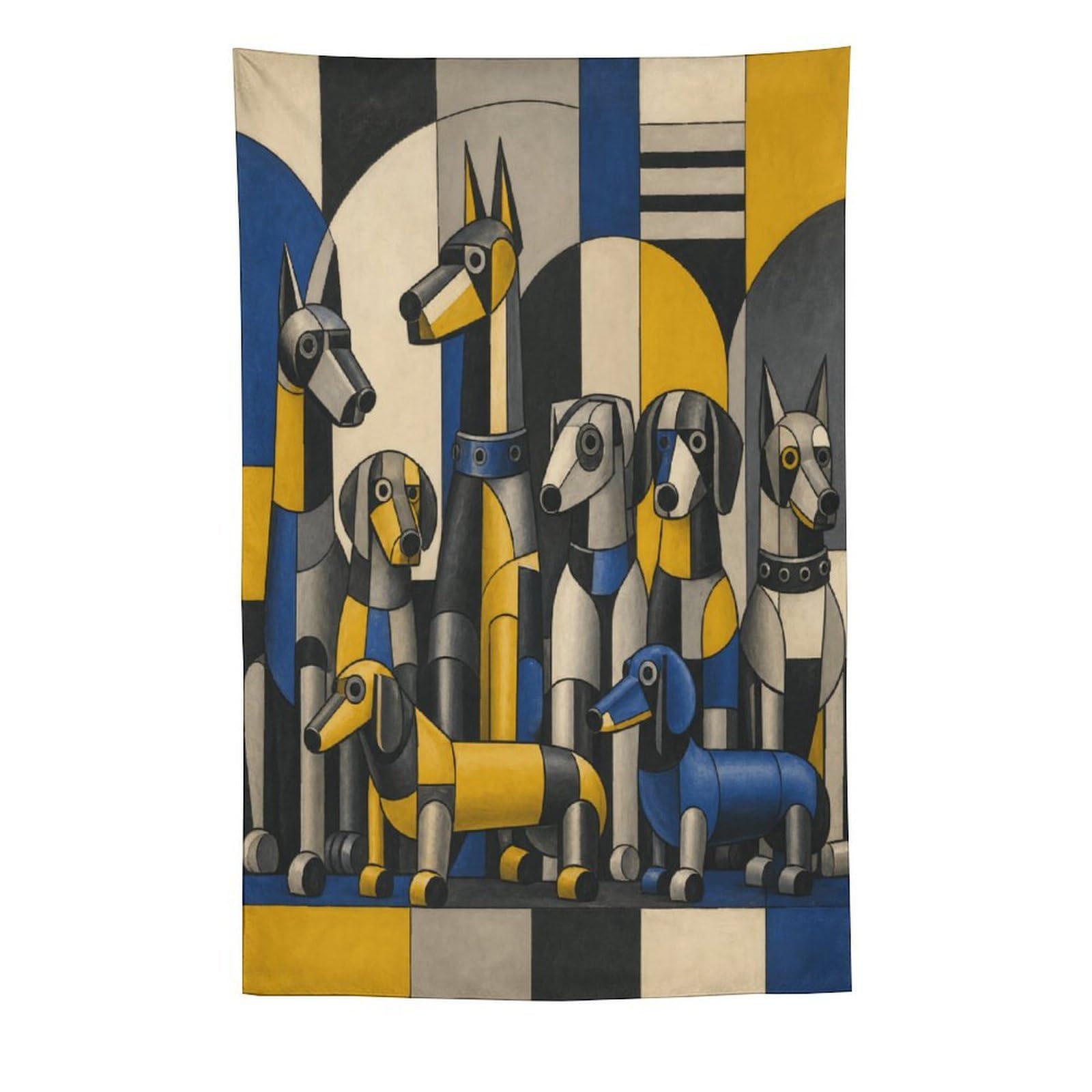 W7C8U2X3 Geometric Dog Pack Wall Tapestry, Geometric Art Style, Blue Yellow