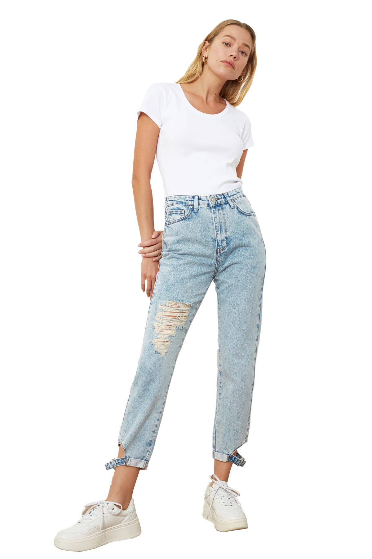 Trendyol Damen Blau Ripped Trotting Detailed High Waist Mother Jeans, 34 Eu