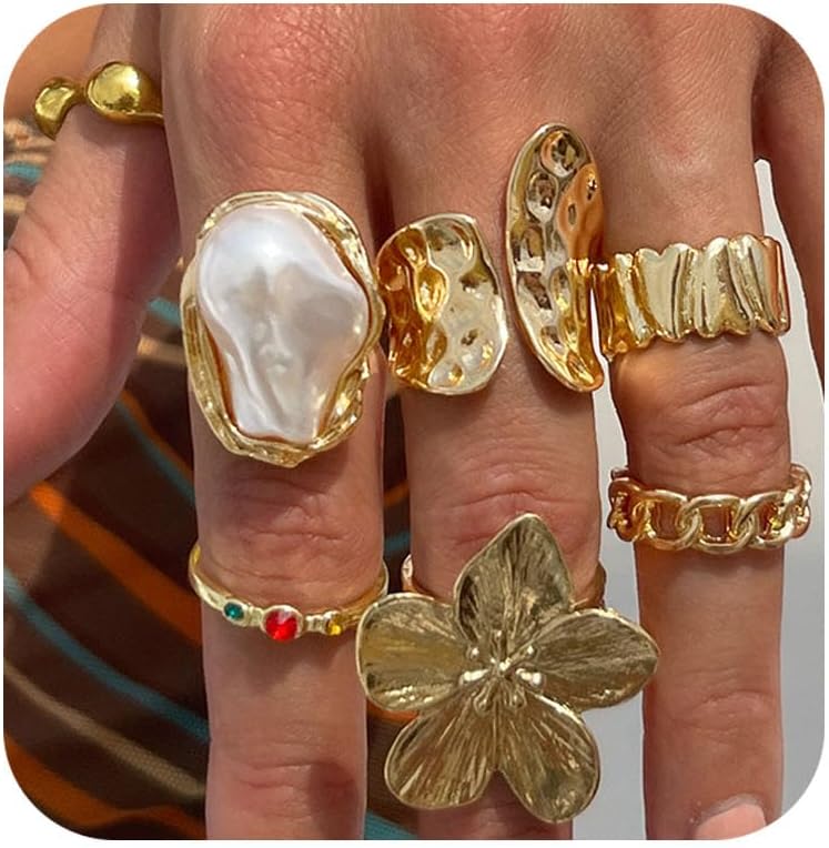 Gold Chunky Rings for Women Vintage Flower Open Statement Knuckle Ring Unique Irregular Pearl Stacking Ring Set for Women Non Tarnish Boho Rings