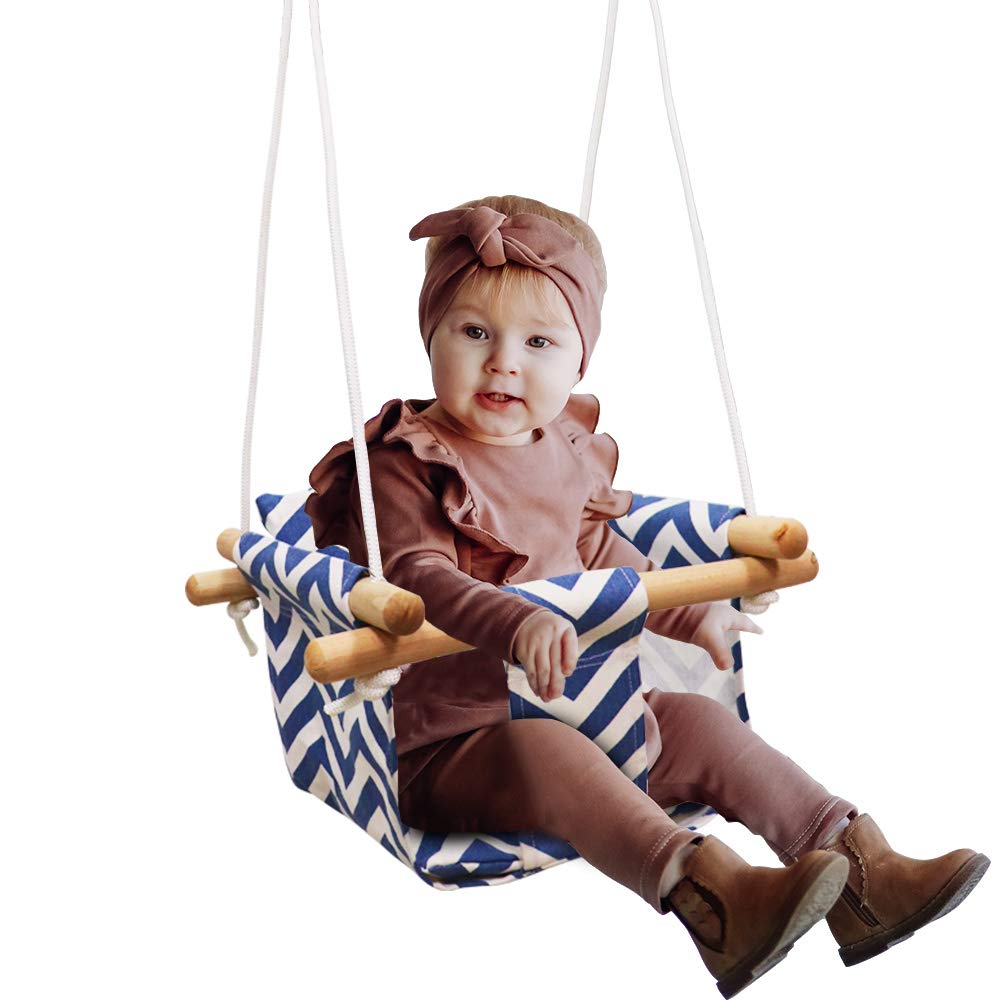 Baby Kids Canvas Hanging Swing with Soft Cotton Cushions, Wooden Canvas Baby Swing with Cushion and PE RopesIndoor&Outdoor Hammock Swing for Toddler Boys and Girls (Blue)