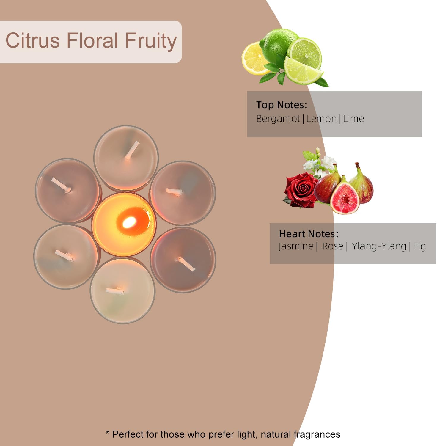 16 Pack Scented Colored Tealight Candles, Natural Soy Tealight Candles, Ideal for Customers Seeking for Subtle, Refreshing Scent Experience, Citrus Floral Scented, 3 Hour Burn Time, Brown