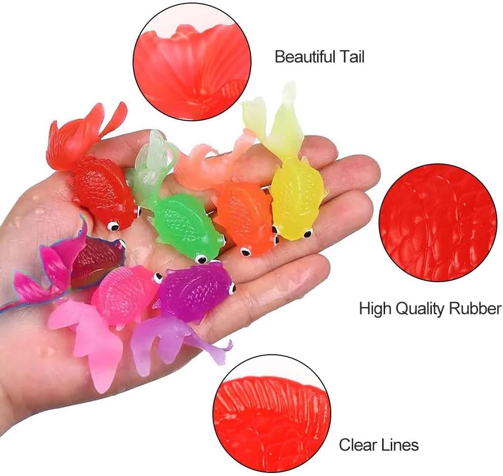 Heyumybit 21 Stück Plastik Schwimmende Fische,Dehnbare Neon Fische,Künstliche Schwimmende Fische,Weiche Gummi Goldfische für Goldfischbecken und Aquarien