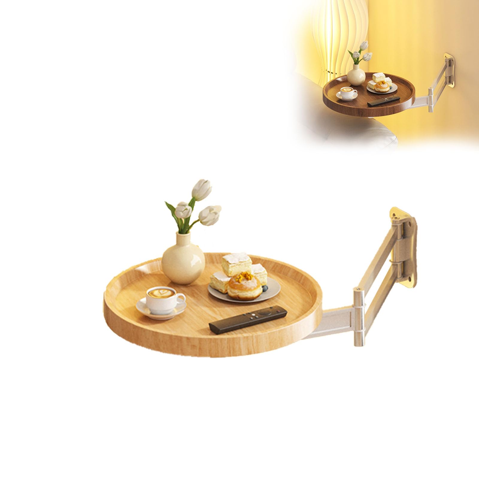 Folding Table Wall Mounted Small Round Tray, Round Foldable Wall Table with Retractable Shelf Flip-Out Design Nightstand Wood Fold Folding Desk for
