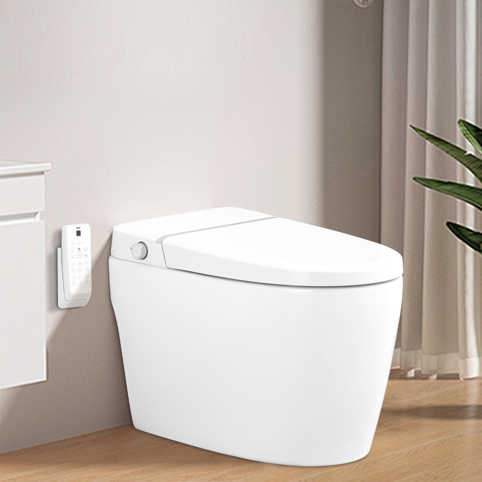 Smart Toilet Bidet Combo with Foot Sensor Open Cover,Seat, Self Cleaning Nozzle, Heated Seat, Night Light, Knob Control, Power Outage Flushing, Soft Close, Auto Flush, with Remote Control